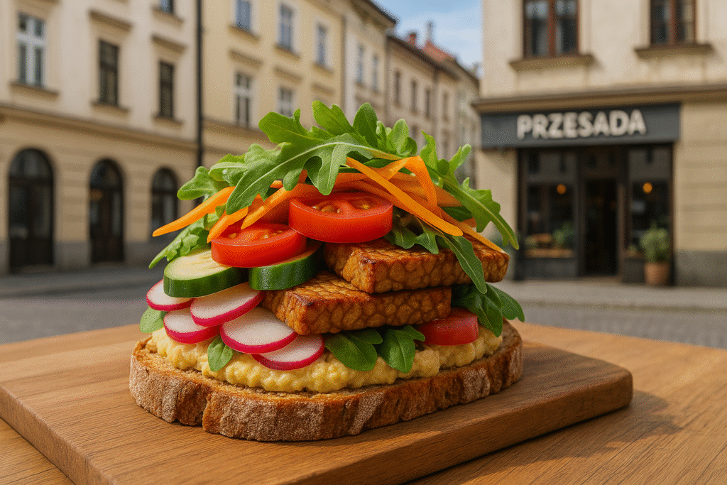 Sycąca wegańska kanapka w kawiarni PRZESADA w Krakowie