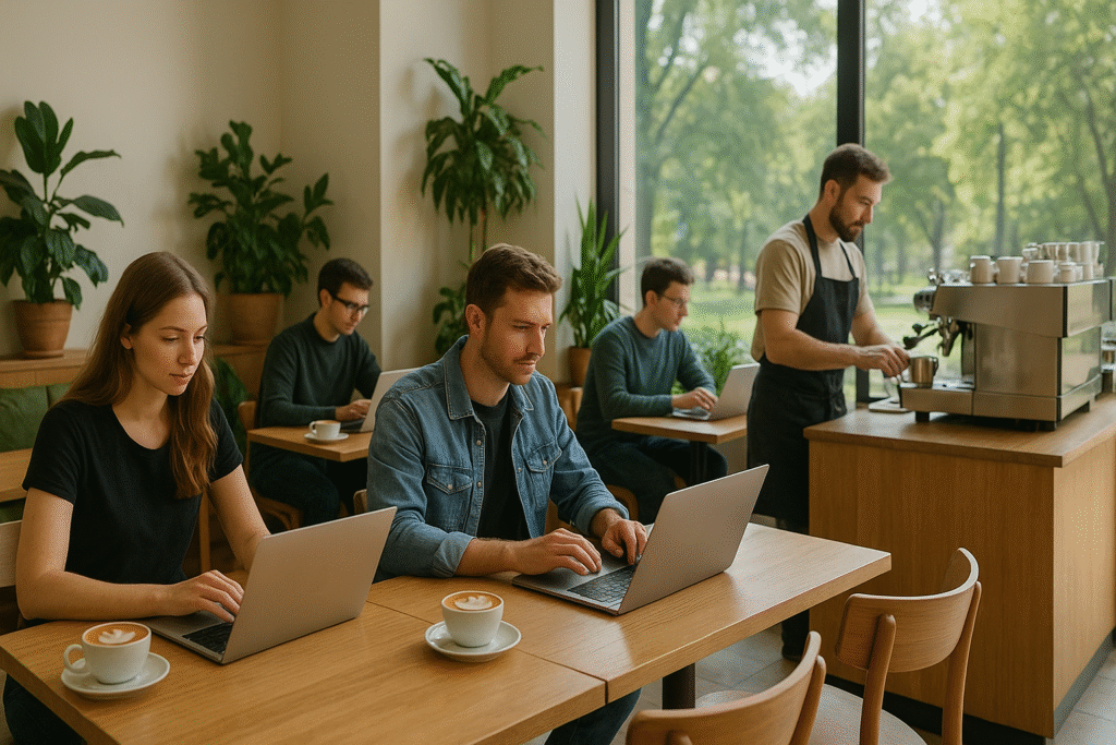 Kawiarnia w Krakowie z ludźmi pracującymi przy laptopach i filiżankach kawy