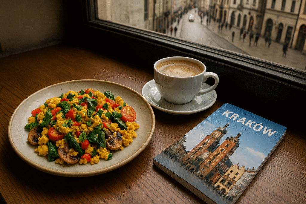 Wegetariańskie śniadanie w kawiarni PRZESADA w centrum Krakowa, obok przewodnik turystyczny.
