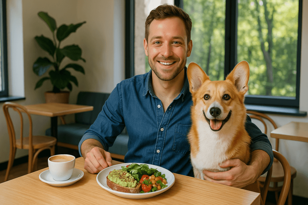 Właściciel siedzący z psem przy stoliku w jasnej krakowskiej kawiarni