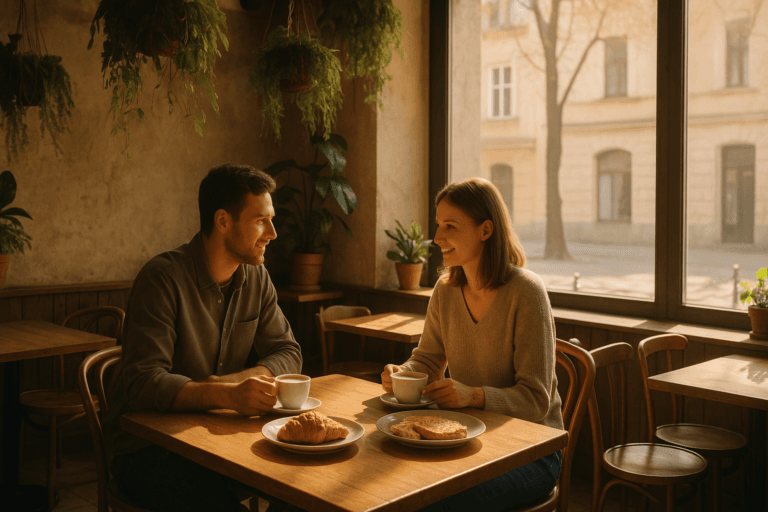 Spokojna kawiarnia w Krakowie, dwoje ludzi rozmawia przy śniadaniu i kawie