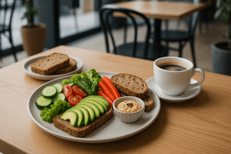 Lekkie i sycące śniadanie w kawiarni śniadaniowej z warzywami, pieczywem i kawą