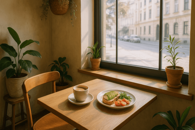 Spokojny poranek solo w kawiarni śniadaniowej w centrum Krakowa z kawą i lekkim śniadaniem