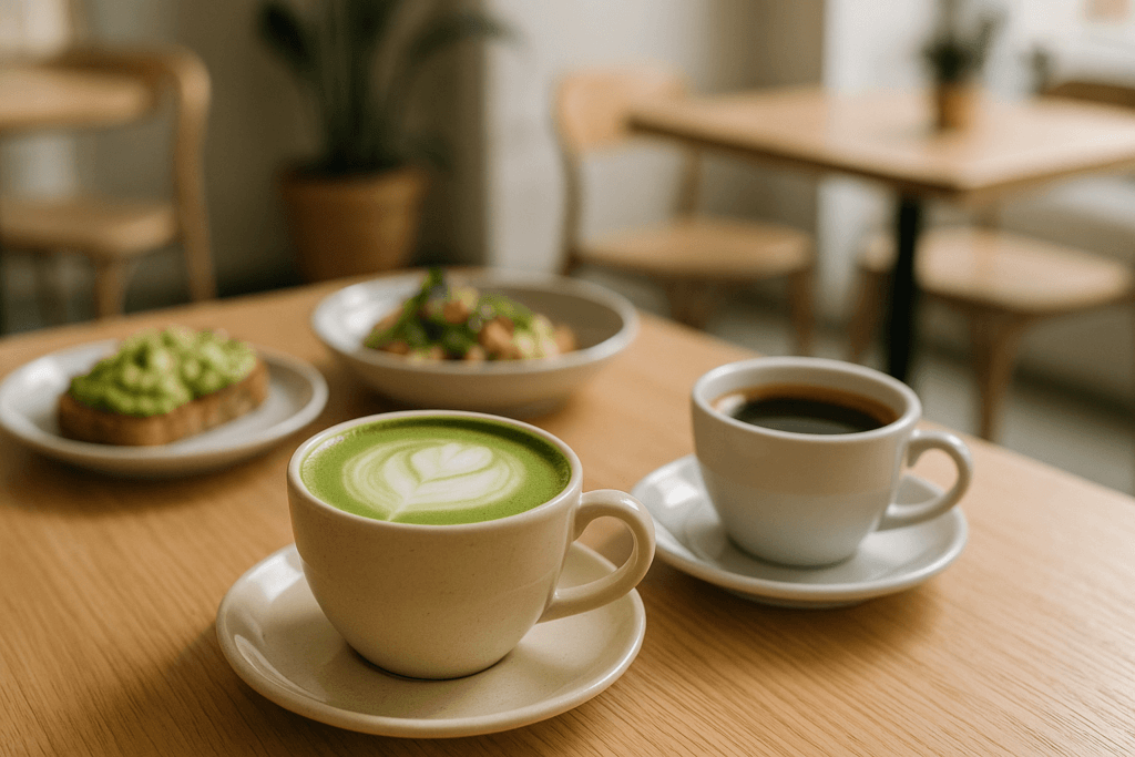 Matcha latte i kawa na stoliku w kawiarni śniadaniowej