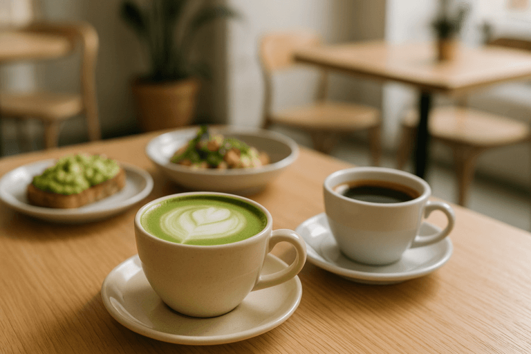 Matcha latte i kawa na stoliku w kawiarni śniadaniowej