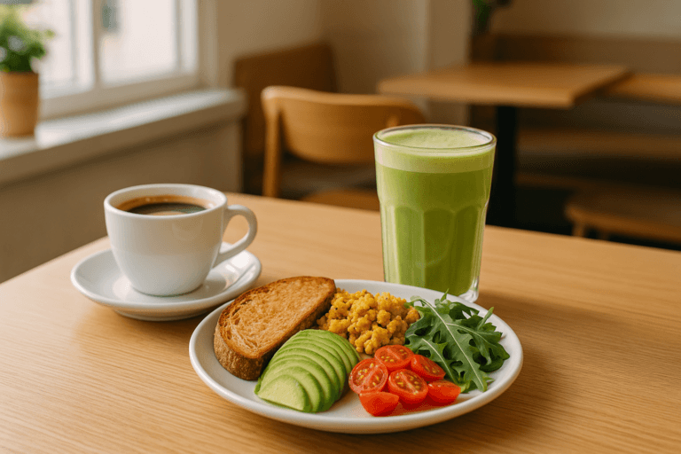 Poranne śniadanie w kawiarni z filiżanką kawy, matcha latte i lekkim wegetariańskim posiłkiem